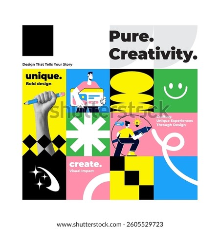 The abstract collage banner for Creative design or Designer portfolio. The halftone hand and geometric elements, modern design. Social media template. Vector illustration