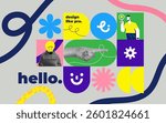The abstract collage banner for Ui design or Web Designer portfolio. The halftone hand and geometric elements, modern design. Social media template. Vector illustration