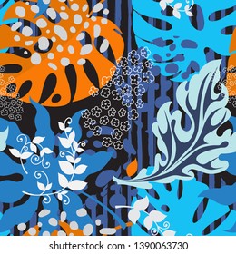 Abstract collage. Bright seamless pattern. Plants, flowers, leaves, monstera, marijuana, herbs, stripes, curls. Vector illustration.
