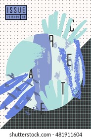 Abstract collage composition in black, white, light blue and purple. Minimalist style poster, brochure, magazine cover design.