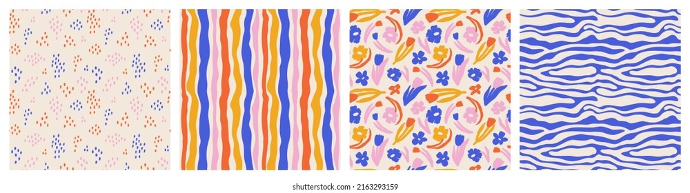 Abstract collage contemporary floral and distorted shapes seamless pattern set. Colorful cute vintage design for paper, cover, fabric, interior decor and other users.