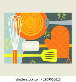 Abstract collage of cooking tools for food preparation. Includes whisk, frying pan, oven mitt and spatula. Modern culinary theme vector illustration for artwork, decor, social media, banners.