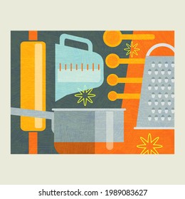 Abstract collage of cooking tools for  food preparation. Includes rolling pin, saucepan, measuring spoons. Modern culinary theme vector illustration for artwork, decor, social media, banners