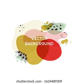 Abstract collage with copy space for announcement, greeting text, title. Background of overlaped flowing shapes and doodles. Banner with natural colors, hand drawn floral elements and liquid elements.