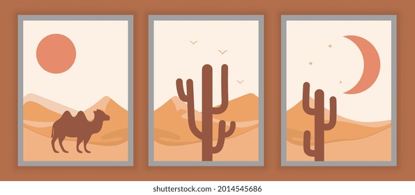 Abstract collage with desert. Minimalistic set with camel, cacti and hot sun. Templates for printing. Flat vector collection for decorating walls, banners and posters. Isolated on brown background