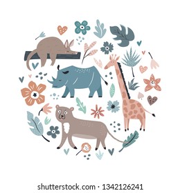 Abstract collage, design with animals and decorative elements, flowers. Travel greeting card, print for t-shirts