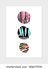 Abstract collage design with geometric shapes, hand drawn patterns, neon colors and black on white background. Modern poster, card, brochure, home decor design.