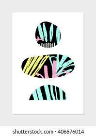 Abstract collage design with geometric shapes, hand drawn patterns, neon colors and black on white background. Modern poster, card, brochure, home decor design.