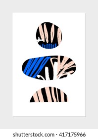 Abstract collage design with geometric shapes, hand drawn patterns in pink, blue and black on white background. Modern poster, card, brochure, home decor design.