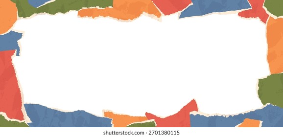 Abstract collage frame with torn paper scraps, crumpled paper pieces banner template. Colored shreds of papers with ragged edges, modern trendy cutout scrapbook vector background