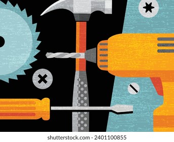 Abstract collage of hand tools and power tools for home improvement. Modern vector illustration for artwork, decor, social media, print