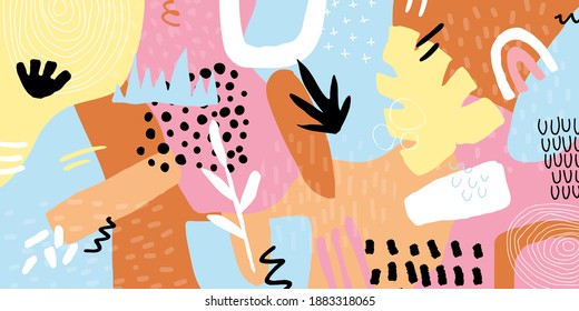 Abstract collage horizontal background in trendy style with botanical and geometric elements, textures. . Vector illustration. Cover for print or web design, textile pattern.