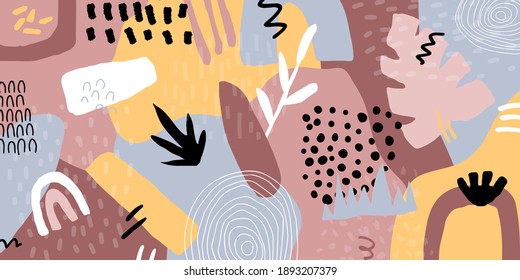 Resumen de fondo horizontal de collage en estilo moderno con elementos botánicos y geométricos, texturas. Cubierta para diseño impreso o web, patrón textil.