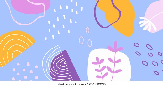 Abstract collage horizontal background in trendy style with botanical and geometric elements, textures. Cover for print or web design, textile pattern.