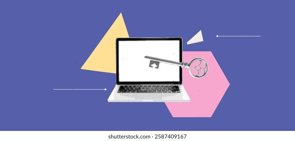 Abstract collage of laptop with key symbolizing digital security and access in a pop art style