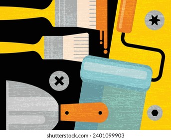 Abstract collage of painting and prep tools and for home improvement. Modern vector illustration for artwork, layouts, social media, print