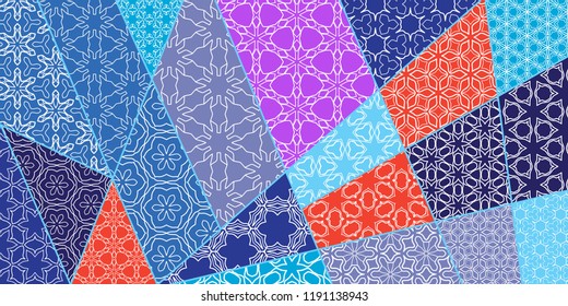 Abstract collage patchwork geometric pattern, colorful decoration. Vector quilt background, line elements. Vintage tribal ethnic decorative ornament for textile or paper print, arabic style