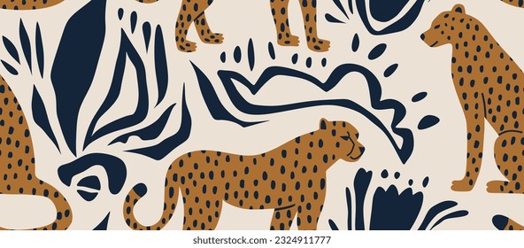 abstract collage pattern with leopards hand draw. Creative collage contemporary floral seamless pattern.