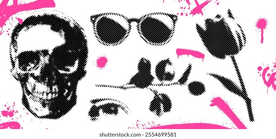 Abstract collage poster featuring a halftone skull, sunglasses, rose, and eye. Punk vector design with retro grunge elements, pop art emo doodles, and dark aesthetic tones. 