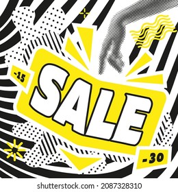 Abstract collage sale with unique vector elements - geometric shapes, halftone object. For posters, printing, advertising, etc. Vector format.