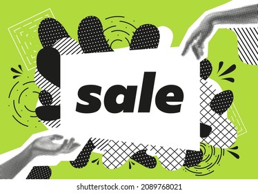 Abstract collage sale with unique vector elements - geometric shapes, halftone object. For posters, printing, advertising, etc. Vector format.