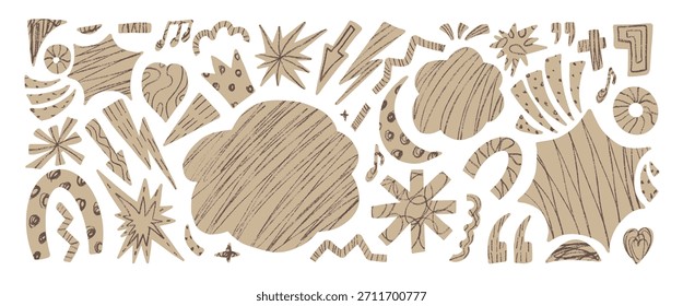 Fondo Abstractas de recortes de chatarra de collage. Conjunto de figuras geométricas y orgánicas. Nota de música, estrellas, flechas, corazón doodle pegatinas con texturas dibujadas en crayón. Ilustración gráfica de Vector aislado no bg.