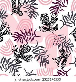 Abstract collage seamless pattern with floral element,arches,textures.Organic creative background with hand drawn shapes,dots and lines.Pink,gray and black colors on white.Modern vector illustration.