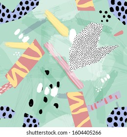 Abstract collage seamless pattern. Hand drawn elements. Vector illustration. Summer background. Fabric design.