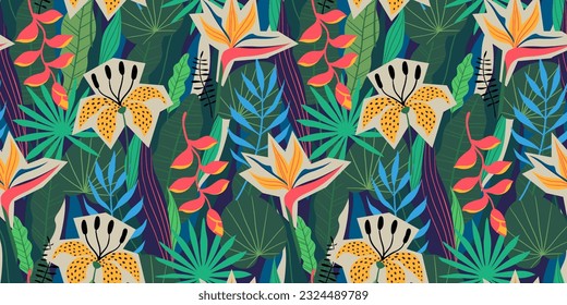Patrón abstracto de colage sin costuras de hojas y flores de la selva tropical. Diseño vectorial de colores vivos.