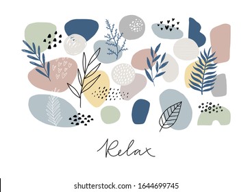 Abstract collage with shape with plant and stone. Flat illustration with sea stones, tropical leaves and and abstract shapes.