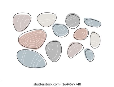 Abstract collage with shape with plant and stone. Flat illustration with sea stones, tropical leaves and and abstract shapes.