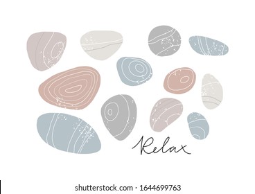 Abstract collage with shape with plant and stone. Flat illustration with sea stones, tropical leaves and and abstract shapes.