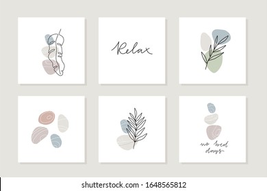Collage abstracto con forma de planta y piedra. Ilustración plana con piedras marinas, hojas tropicales y formas abstractas.
