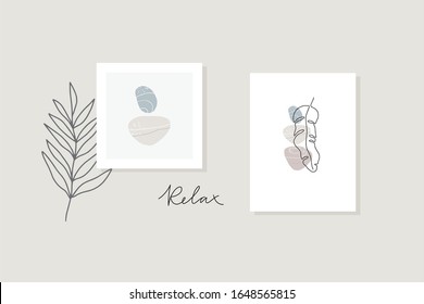 Abstract collage with shape with plant and stone. Flat illustration with sea stones, tropical leaves and and abstract shapes.