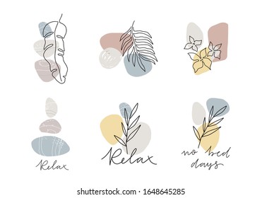 Collage abstracto con forma de planta y piedra. Ilustración plana con piedras marinas, hojas tropicales y formas abstractas.