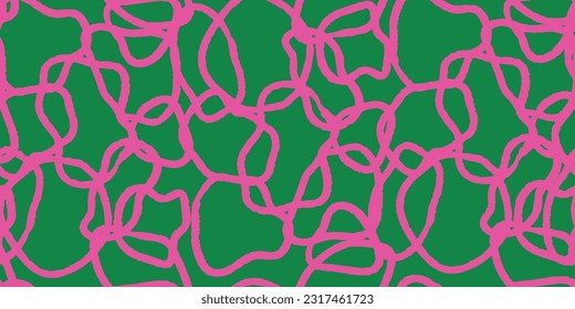 Abstract collage shape seamless green pattern with pink geometric doodles. Trendy flat cartoon background, retro shapes in bright childish colors.
