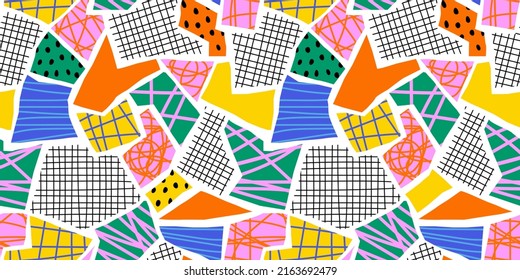 Abstract collage shape seamless pattern with colorful geometric doodles. Trendy flat cartoon background, retro shapes in bright childish colors. 