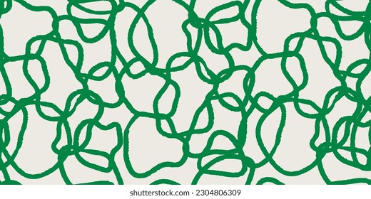 Abstract collage shape seamless pattern with green geometric doodles. Trendy flat cartoon background, retro shapes in bright childish colors.

