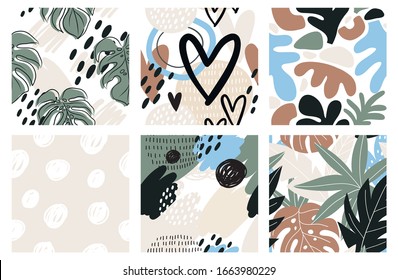 Abstract Collage shapes and tropical leaves seamless pattern.  