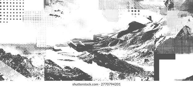 Abstract collage of snow-covered mountains and geometric dot patterns in grayscale dots
