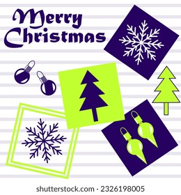 Abstract collage of squares with Christmas trees inside, ornaments and snowflakes. Vector illustration on a striped background. Merry Christmas greeting card.