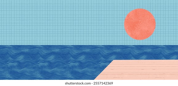 Abstract collage of sun, ocean, and pier with paper textures. Minimalist summer design with sunset sea landscape.