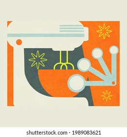 Abstract collage of tools for baking. Includes electric mixer, 
bowl and set of measuring spoons. Modern cooking theme vector illustration for artwork, decor, social media, banners.