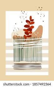 Resumen de colores de carteles de arte en la pared de collage. Arte moderno. Rama de una planta de hojas rojas elementos abstractos, sogas, paja, formas de corte de papel. Ilustración para imprimir postales, portadas, redes sociales