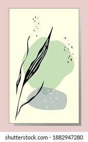 Abstract collage wall art poster pastel colors. Modern Art. The branch of a plant with leaves is drawn with black ink. Flowing stones. Illustration for printing on t-shirt, picture, postcard, cover