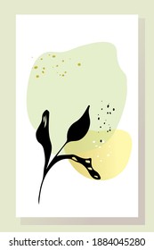 Abstract collage wall art poster  colors. Modern Art. Branch of a plant with leaves abstract elements, paper cut forms. Illustration for printing postcards, covers