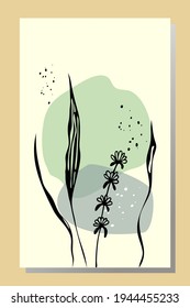 Abstract collage wall art poster  colors. Modern Art. Branch of a plant with red leaves abstract elements, paper cut forms. Illustration for printing postcards, covers, social networks.