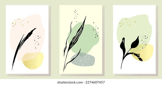 Abstract collage wall art poster.  Modern Art. Branch, abstract elements, rope, straw, paper cut forms. Illustration for printing gift wrap, wrapping, covers, social networks.