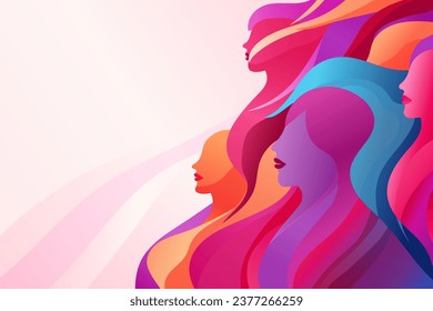 Abstract collage of women's faces in modern vector design against soft gradient pastel waves simple background. Women's abstract poster in a colorful palette.
