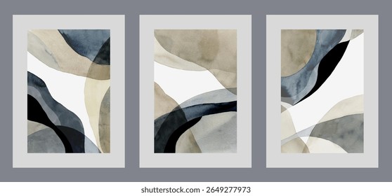 Colagens abstratas em estilo escandinavo ou nórdico moderno, com manchas que se fundem em cartazes de aquarela. Colagens com padrões assimétricos e caóticos para cartões-postais de design ou pinturas interiores